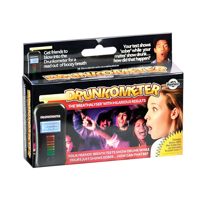 Funtime Drunkometer packaging showcasing hilarious breathalyser results for parties and drinking games.