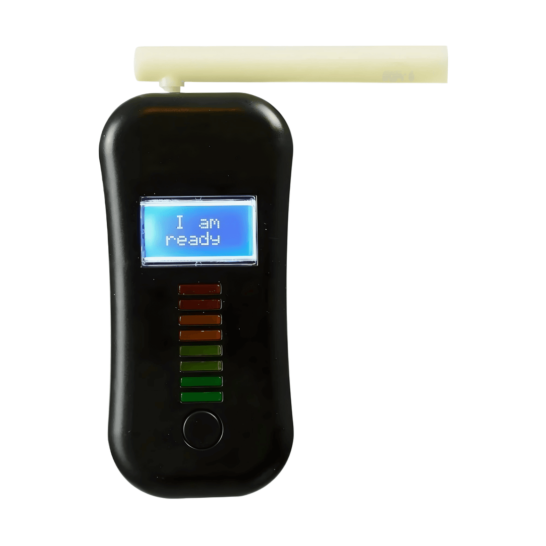 Funtime Drunkometer breathalyzer game with lit screen displaying 'I am ready' and colorful indicator lights.