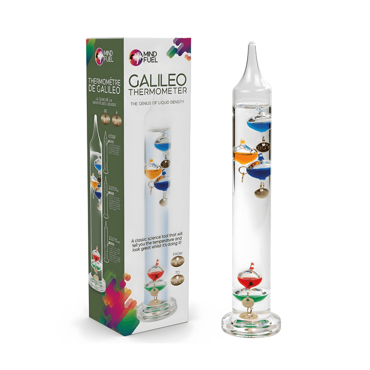 Galileo thermometer with packaging on a white background