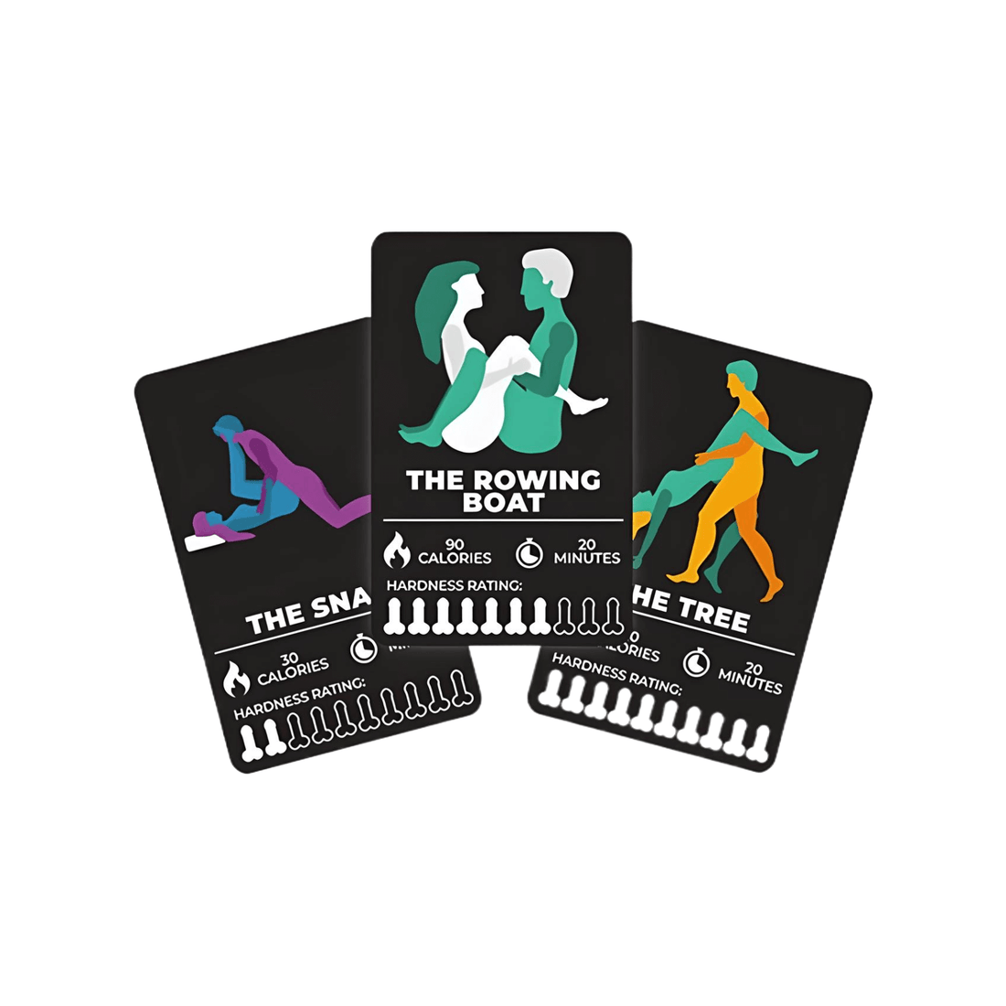 Three fitness cards from Gift Republic showcasing unique positions: The Rowing Boat, The Snap, and The Tree.