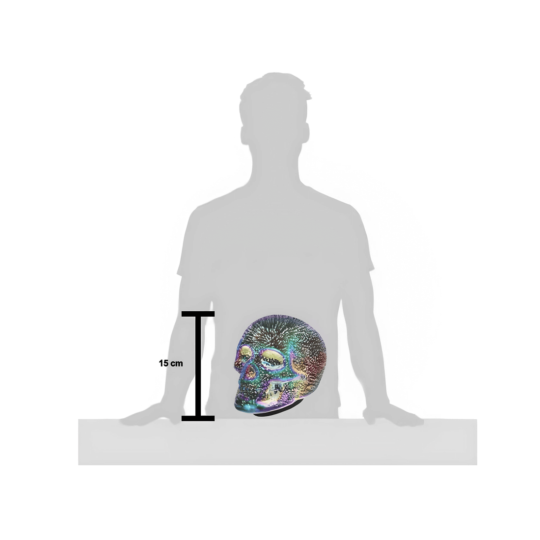 A person beside a Gothic Skull LED Desk Lamp, showcasing its height of 15 cm and iridescent glass design.