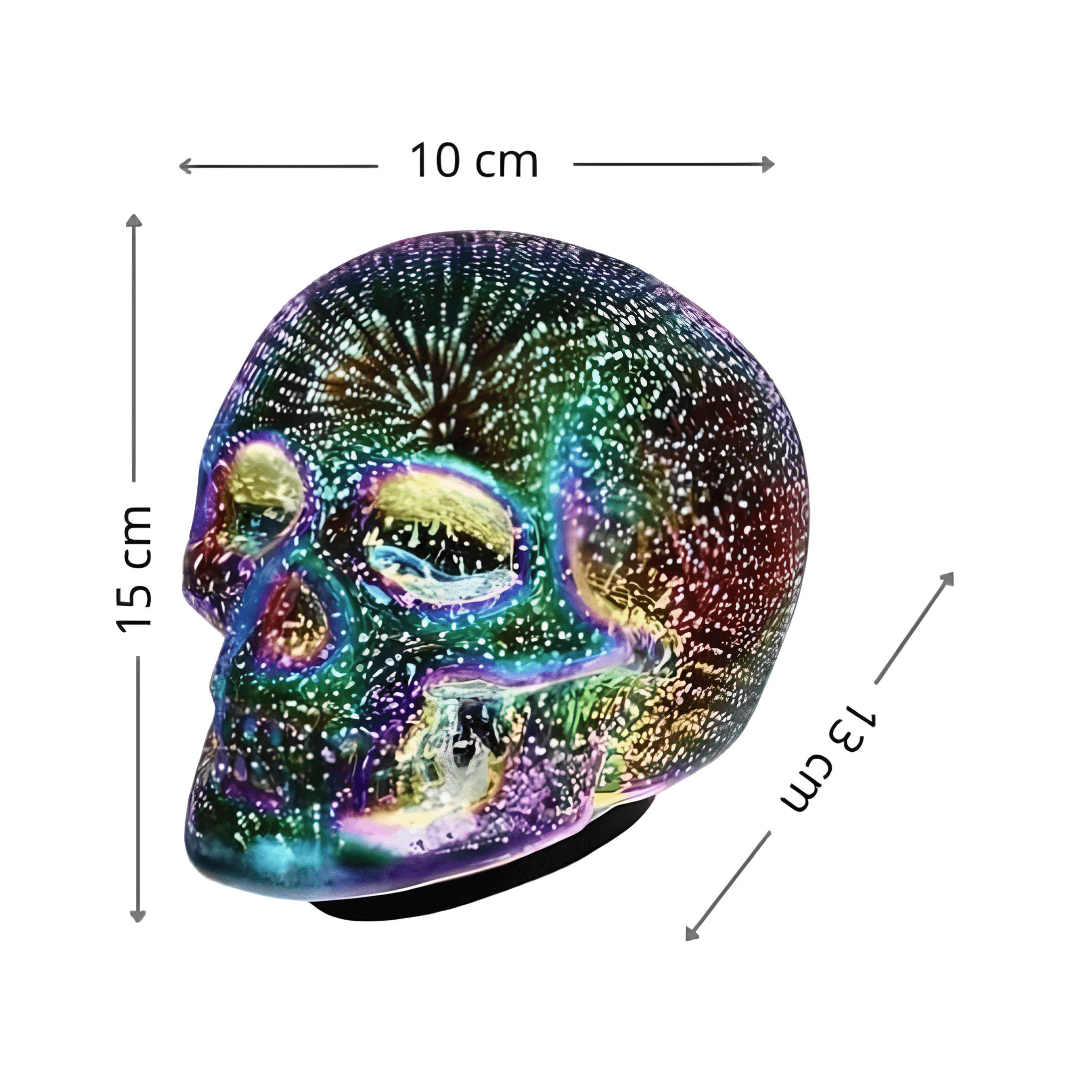 Skull LED Desk Lamp showcasing its colorful iridescent design with dimensions 10 cm x 15 cm x 31 cm.
