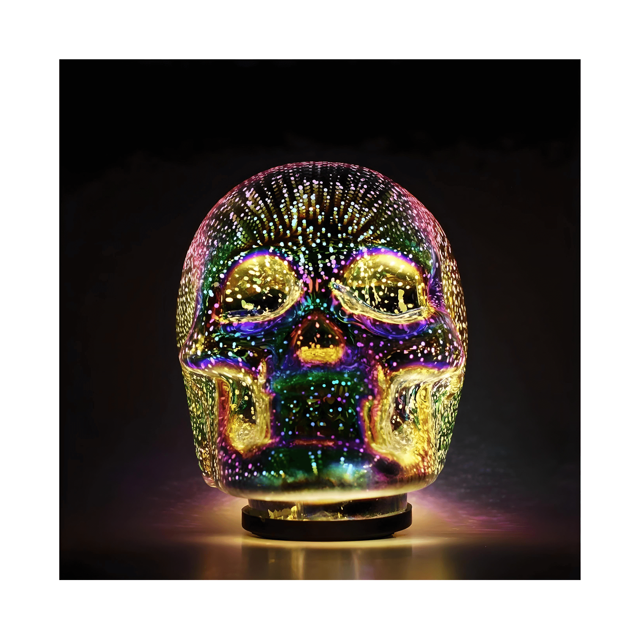 Skull LED Desk Lamp with iridescent glass and colorful LED lights for mesmerizing home decor.