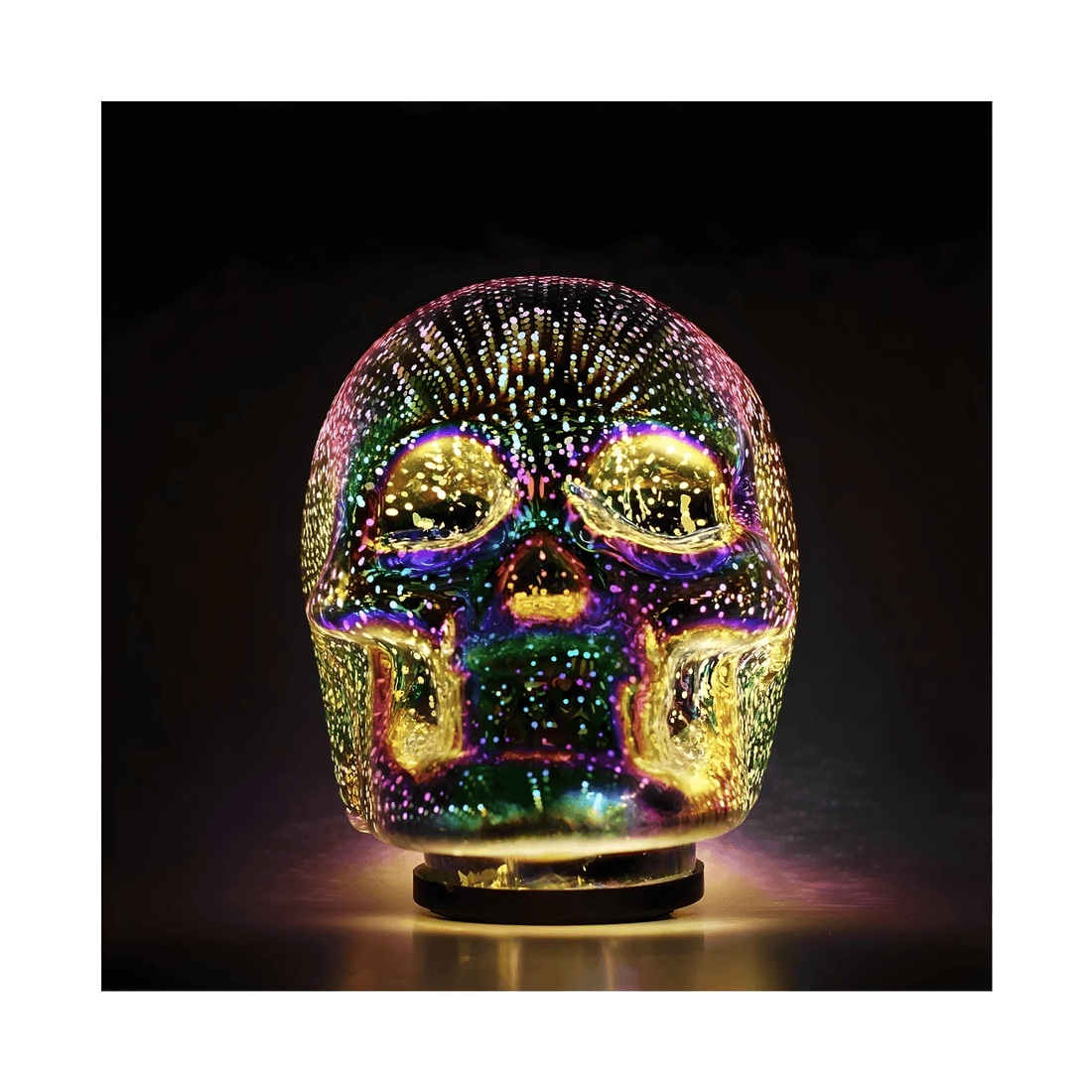 Skull LED Desk Lamp with iridescent glass and colorful LED lights for mesmerizing home decor.
