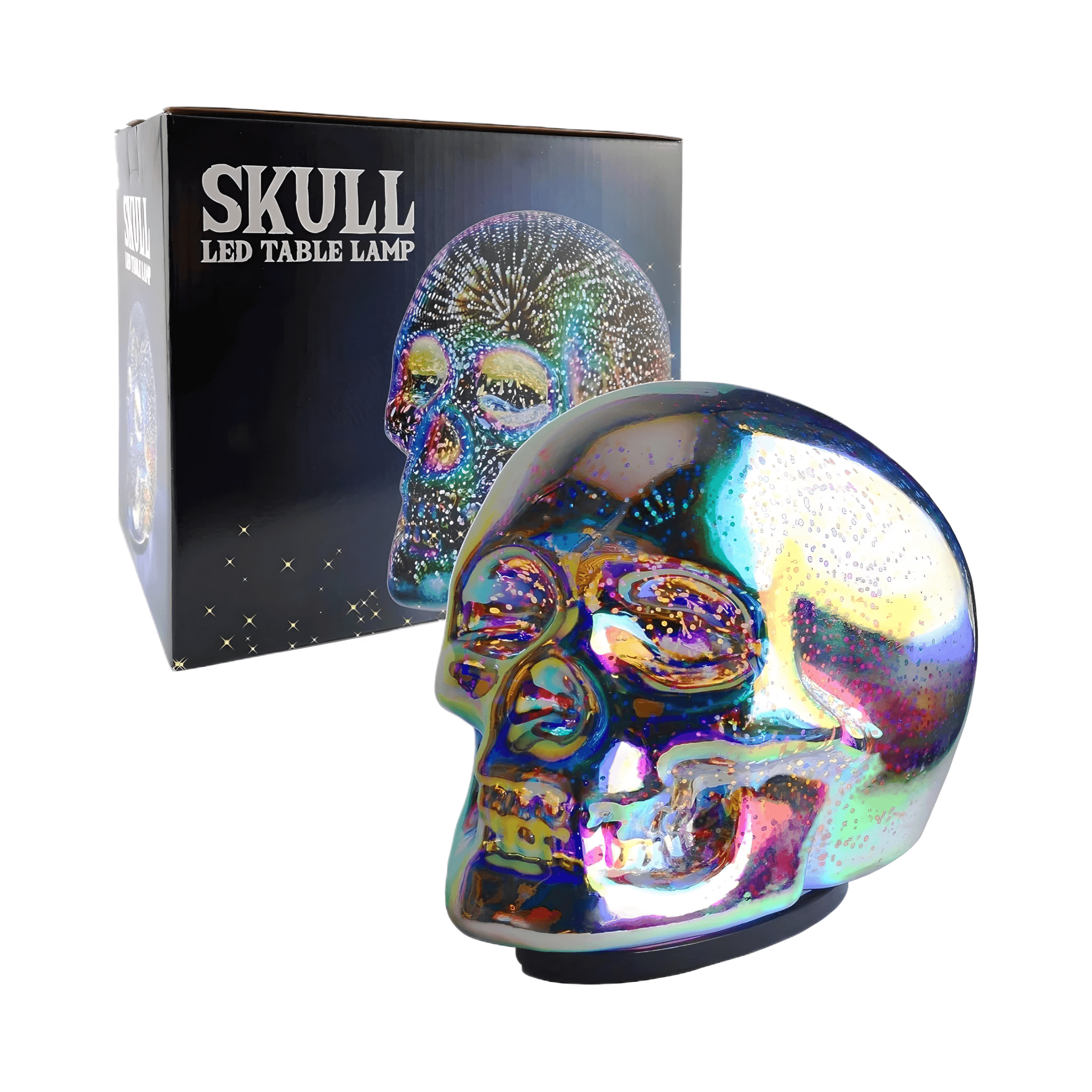 Skull LED Desk Lamp showcasing its iridescent design and packaging, perfect for unique home décor.