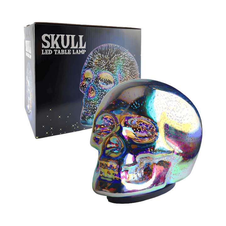 Skull LED Desk Lamp showcasing its iridescent design and packaging, perfect for unique home décor.