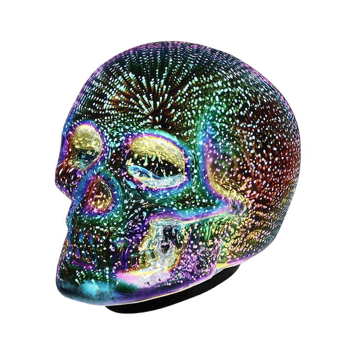 Skull LED Desk Lamp featuring iridescent glass design and colorful LED illumination for captivating home décor.
