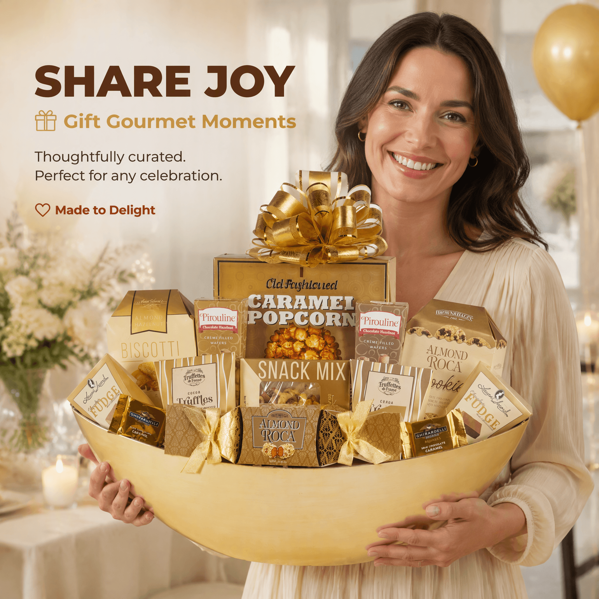 A smiling woman holds a large gold bowl filled with assorted gourmet snacks and candy bars, including Caramel Popcorn, Almond Joy, and various biscuits. The scene is warmly lit with a festive background, and promotional text on the left reads 'SHARE JOY Gift Gourmet Moments'.