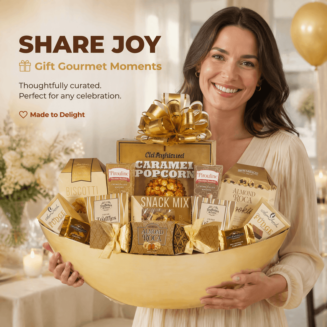 A smiling woman holds a large gold bowl filled with assorted gourmet snacks and candy bars, including Caramel Popcorn, Almond Joy, and various biscuits. The scene is warmly lit with a festive background, and promotional text on the left reads 'SHARE JOY Gift Gourmet Moments'.