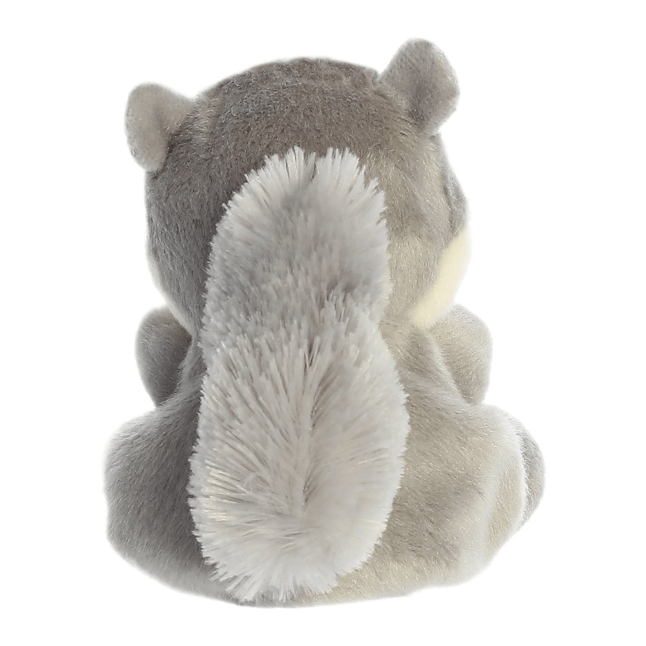 Back view of Gus Grey Squirrel Palm Pal plush toy, showcasing its soft silvery-grey coat and fluffy tail.