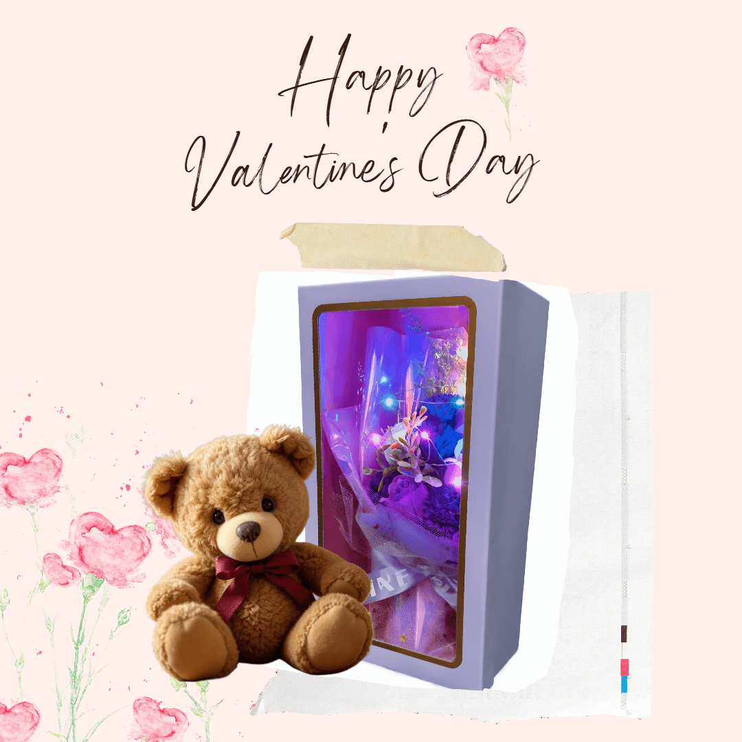 Happy Valentine's Day with a teddy bear and a purple flower bouquet in a gift box, illuminated with lights.