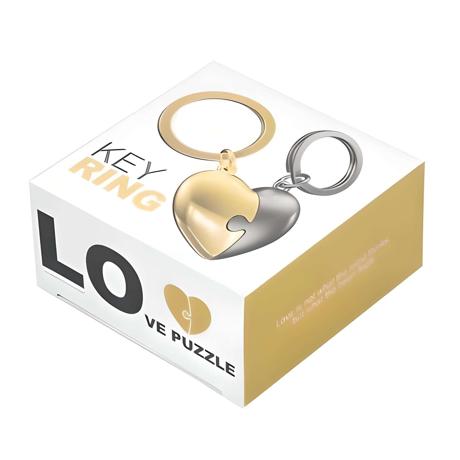 Heart Puzzle Keychain  in a packaging featuring a gold and silver heart puzzle design.