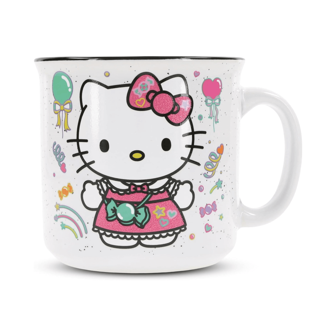Hello Kitty Jumbo Camper Mug with birthday design featuring balloons and candies, perfect for festive drinks.
