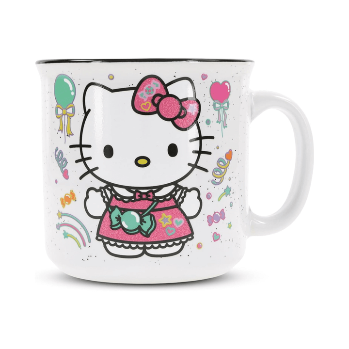 Hello Kitty Jumbo Camper Mug with birthday design featuring balloons and candies, perfect for festive drinks.
