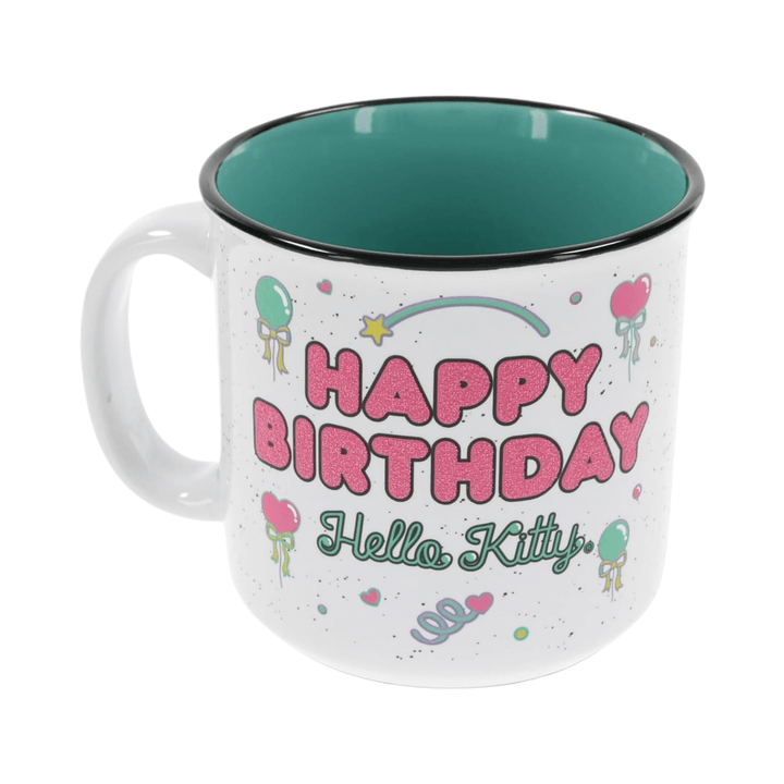 Hello Kitty Jumbo Camper Mug with 'Happy Birthday' design and teal interior, perfect for birthday celebrations.