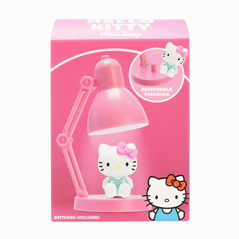 Hello Kitty Mini LED Lamp packaging featuring a pink lamp with a removable Hello Kitty figurine, batteries included.