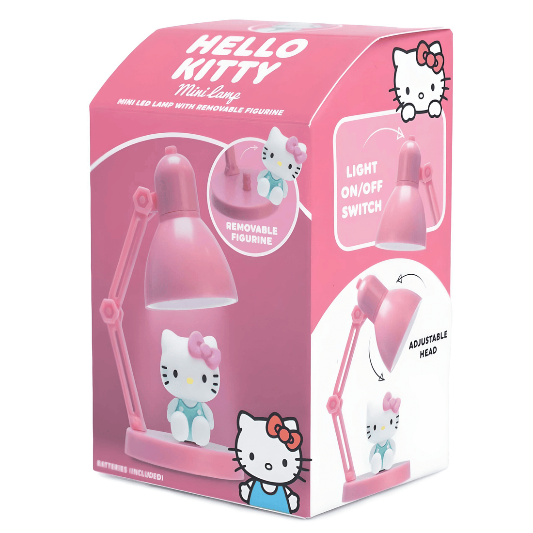 Hello Kitty Mini LED Lamp packaging with adjustable head, removable figurine, and light switch, perfect for collectors.