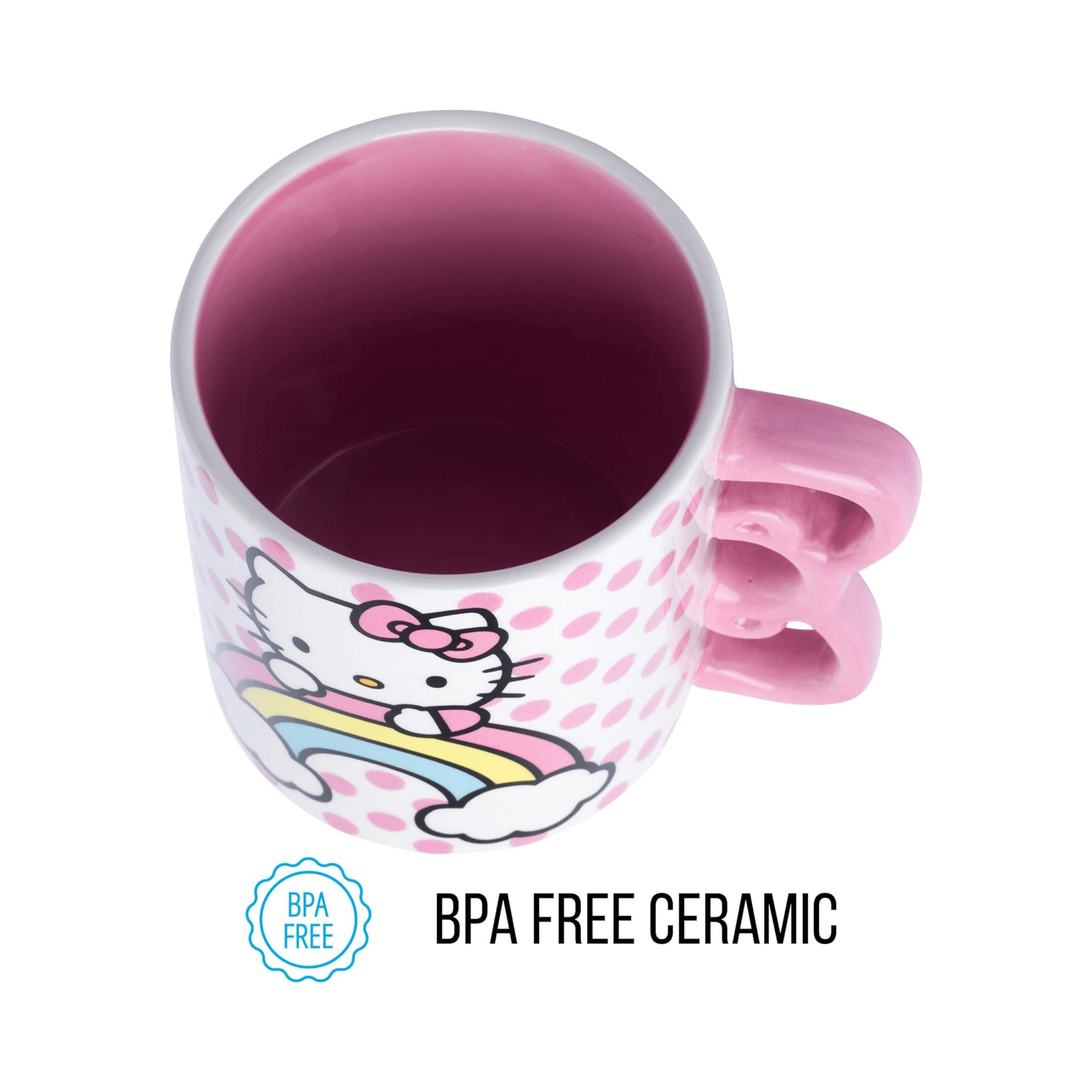 Hello Kitty sculpted mug, 20oz ceramic, BPA-free, featuring a cute pink handle and colorful character design.