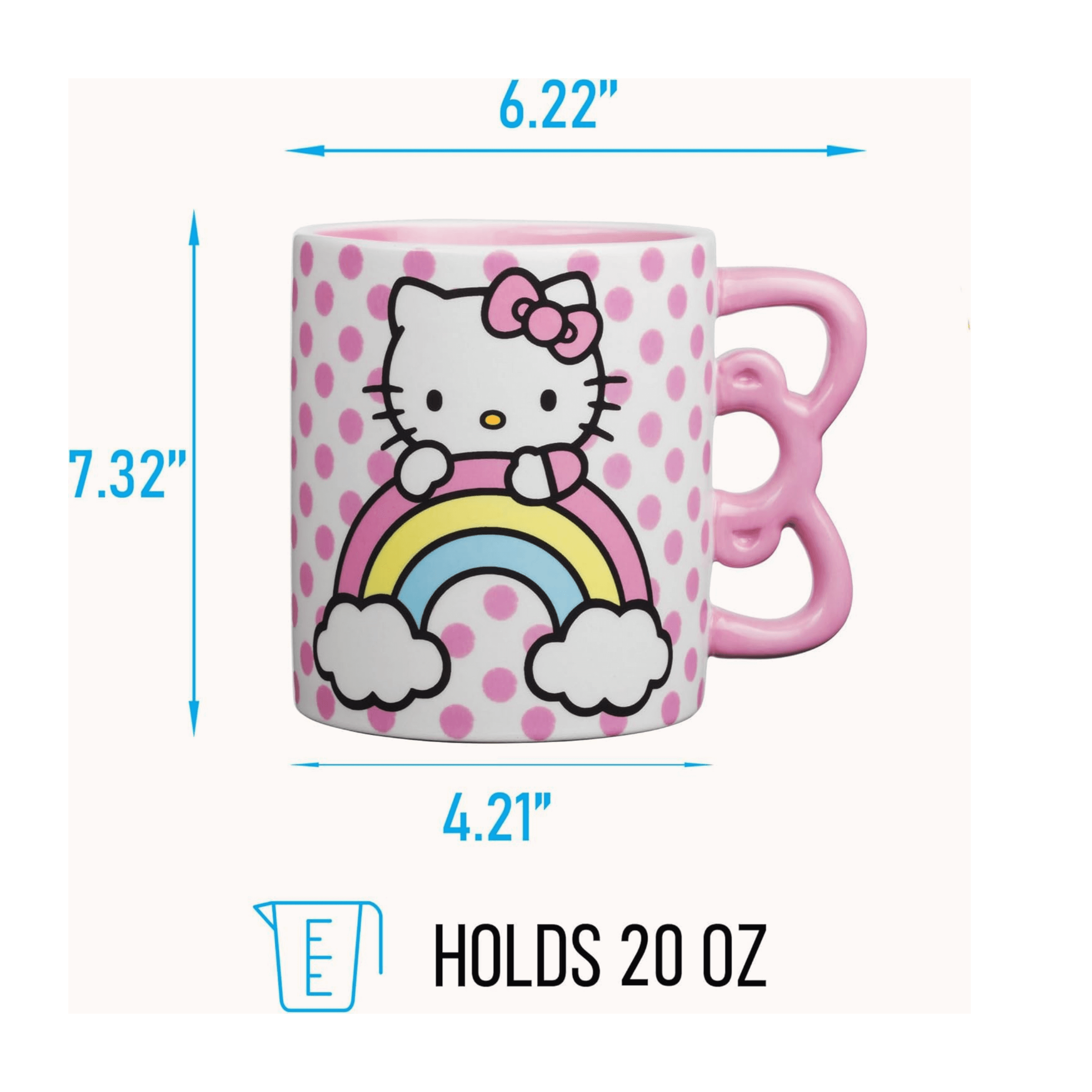 Hello Kitty sculpted mug with rainbow design, 20 oz ceramic cup featuring a playful 3D handle, perfect for fans.
