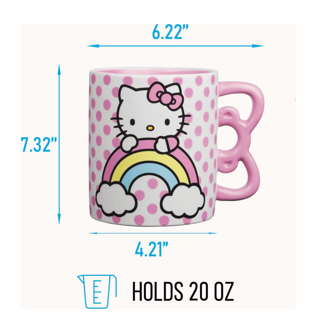 Hello Kitty sculpted mug with rainbow design, 20 oz ceramic cup featuring a playful 3D handle, perfect for fans.