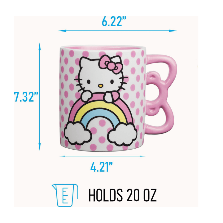 Hello Kitty sculpted mug with rainbow design, 20 oz ceramic cup featuring a playful 3D handle, perfect for fans.