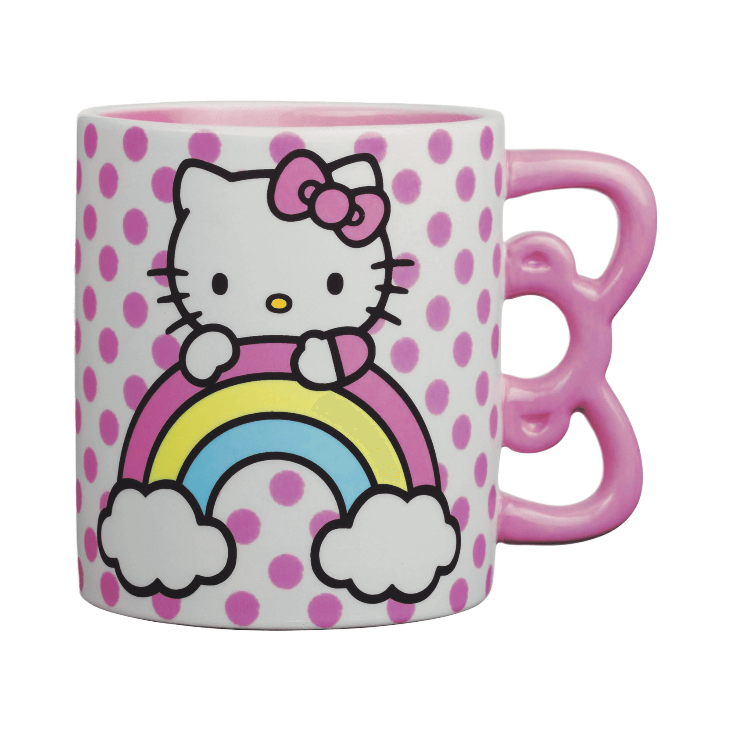 Hello Kitty sculpted mug with rainbow design and playful pink handle, perfect for fans and beverage lovers.