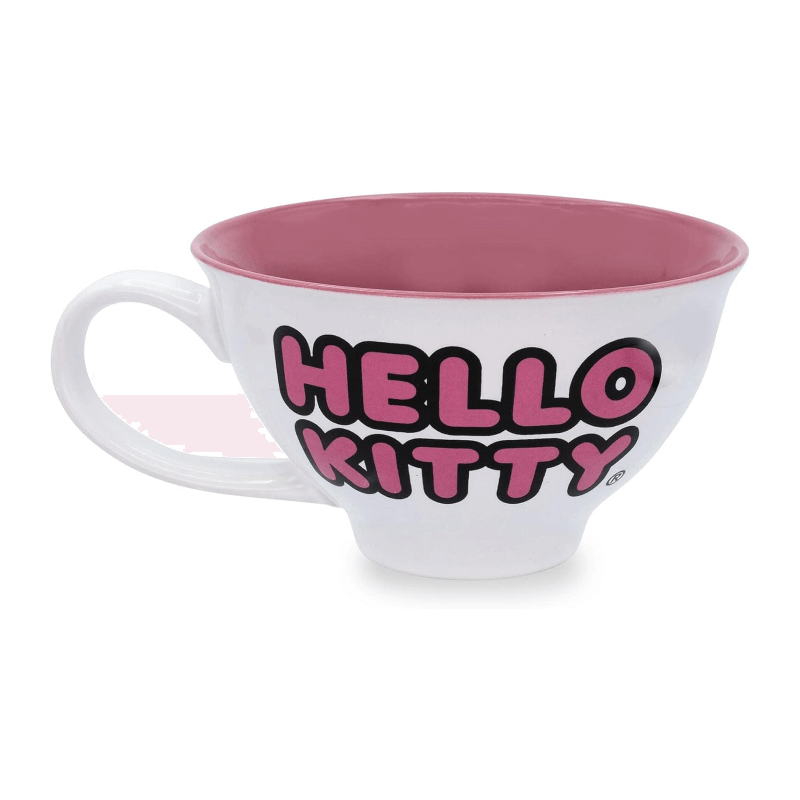 Hello Kitty ceramic teacup with pink interior and playful text, perfect for fans and collectors.