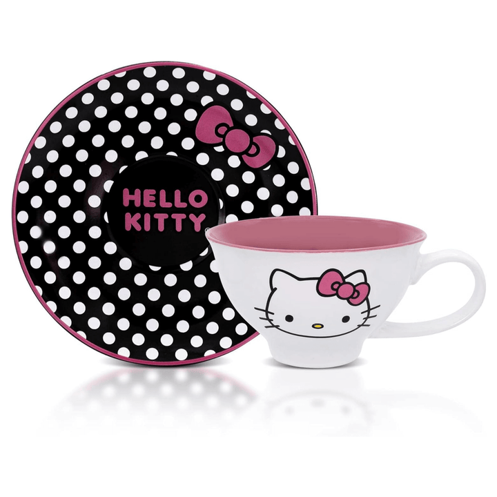 Hello Kitty teacup and saucer set with polka dot design, ceramic, 12oz, ideal gift for fans.