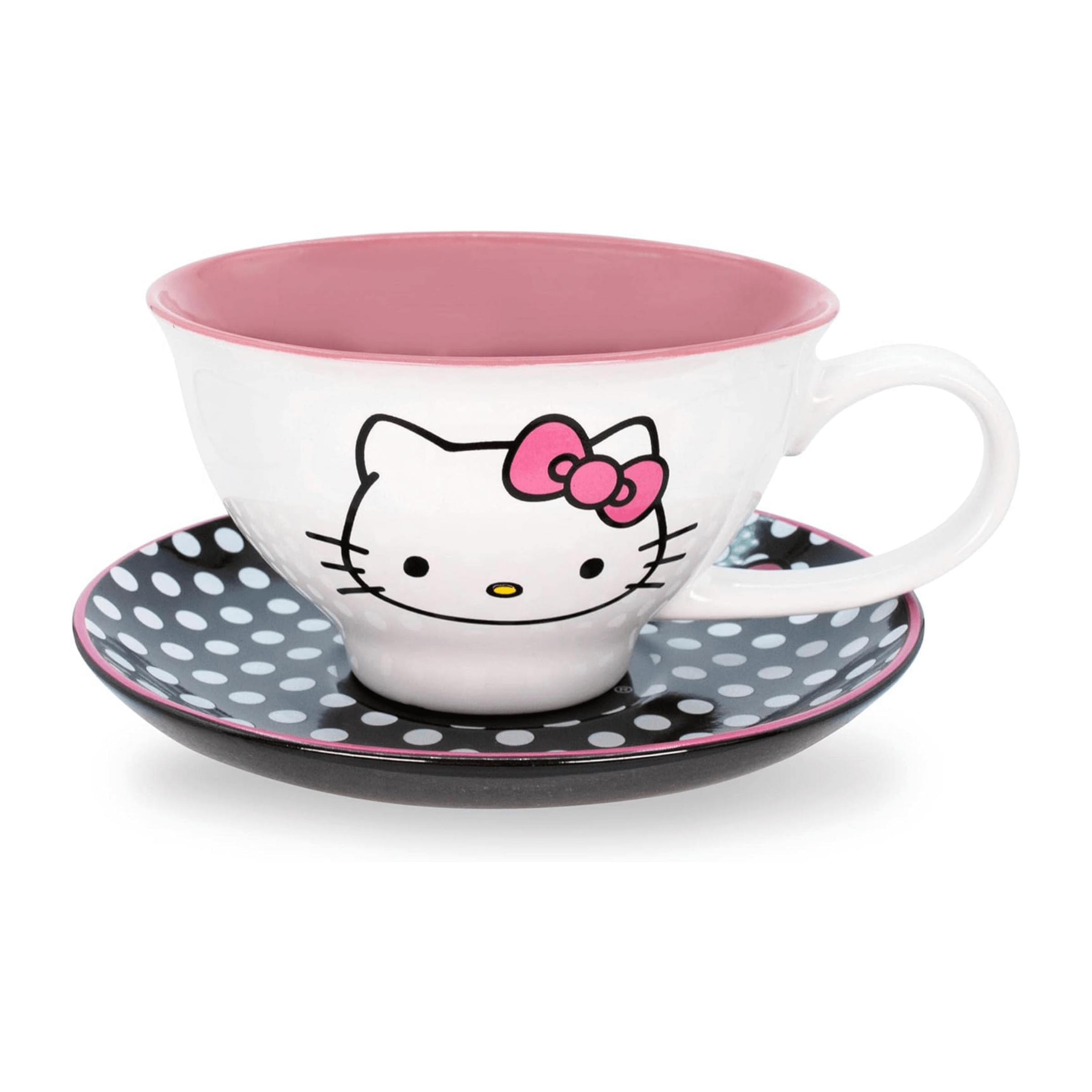 Hello Kitty teacup and saucer set featuring a pink interior and polka dot design, perfect for tea lovers.