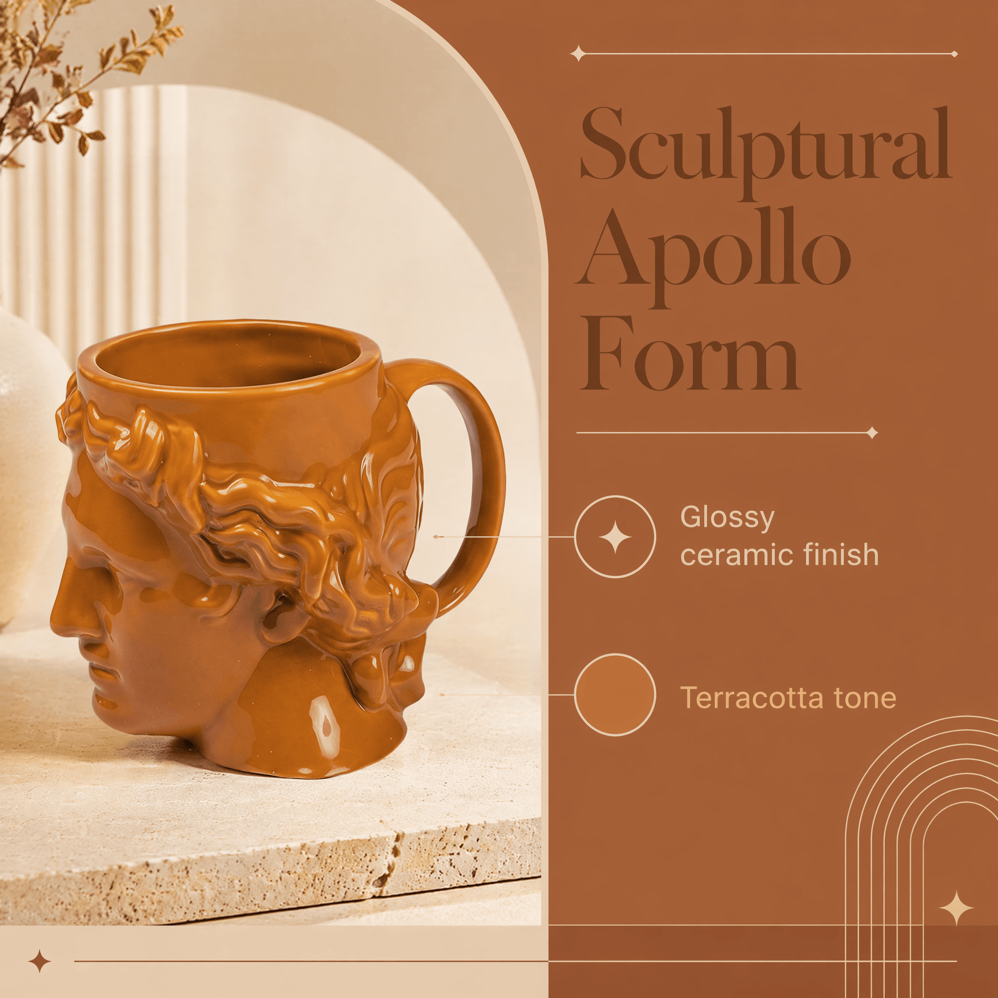 Hestia Terracotta Mug – Warm Rustic Ceramic Cup with a sculptural Apollo design in glossy terracotta finish