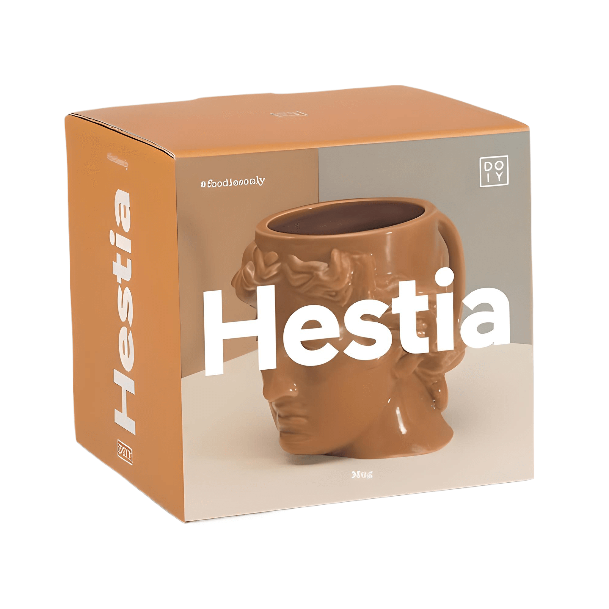 Hestia Terracotta Mug – Warm Rustic Ceramic Cup in a stylish packaging with artistic design.