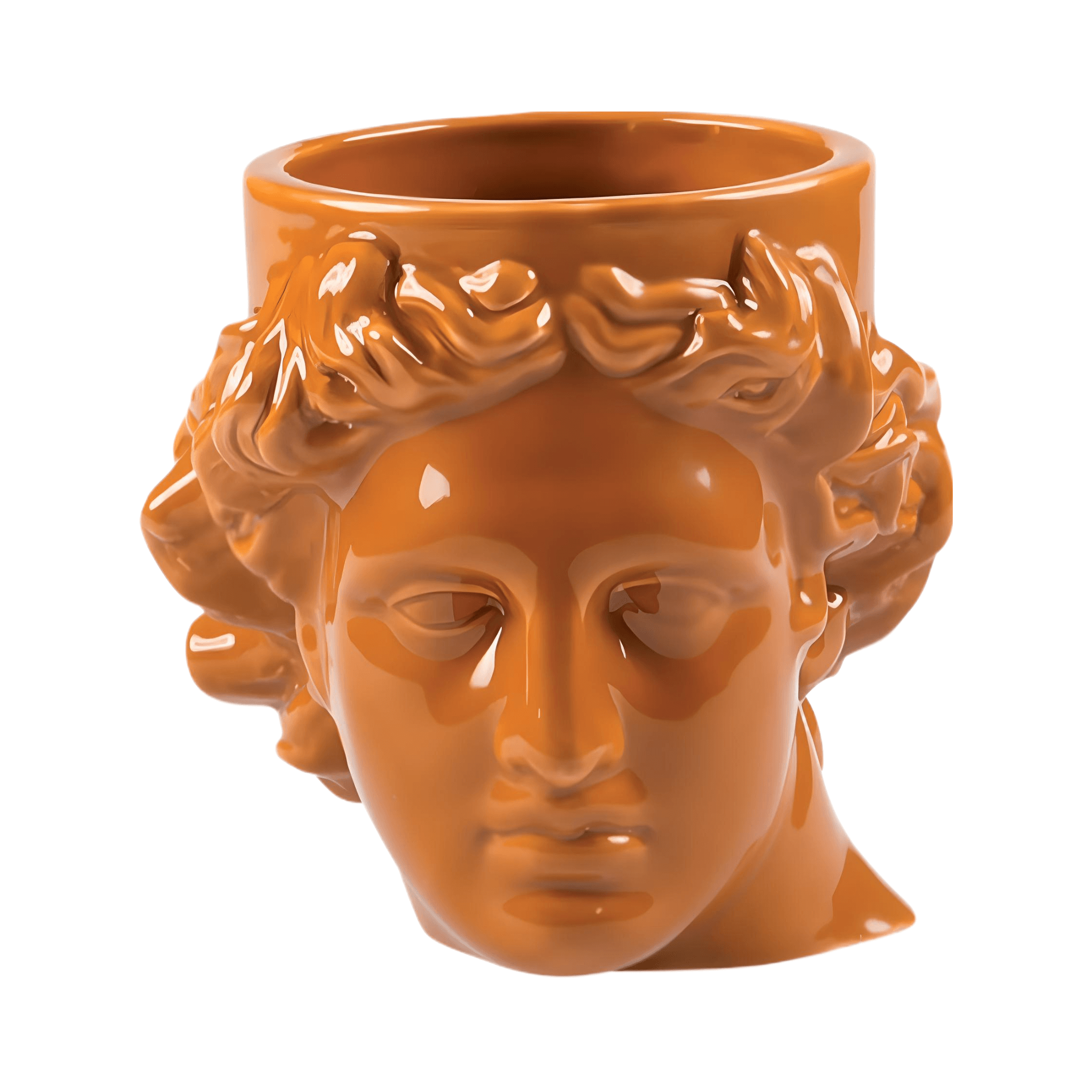 Hestia Terracotta Mug – Warm Rustic Ceramic Cup shaped like Apollo's head in warm terracotta color.