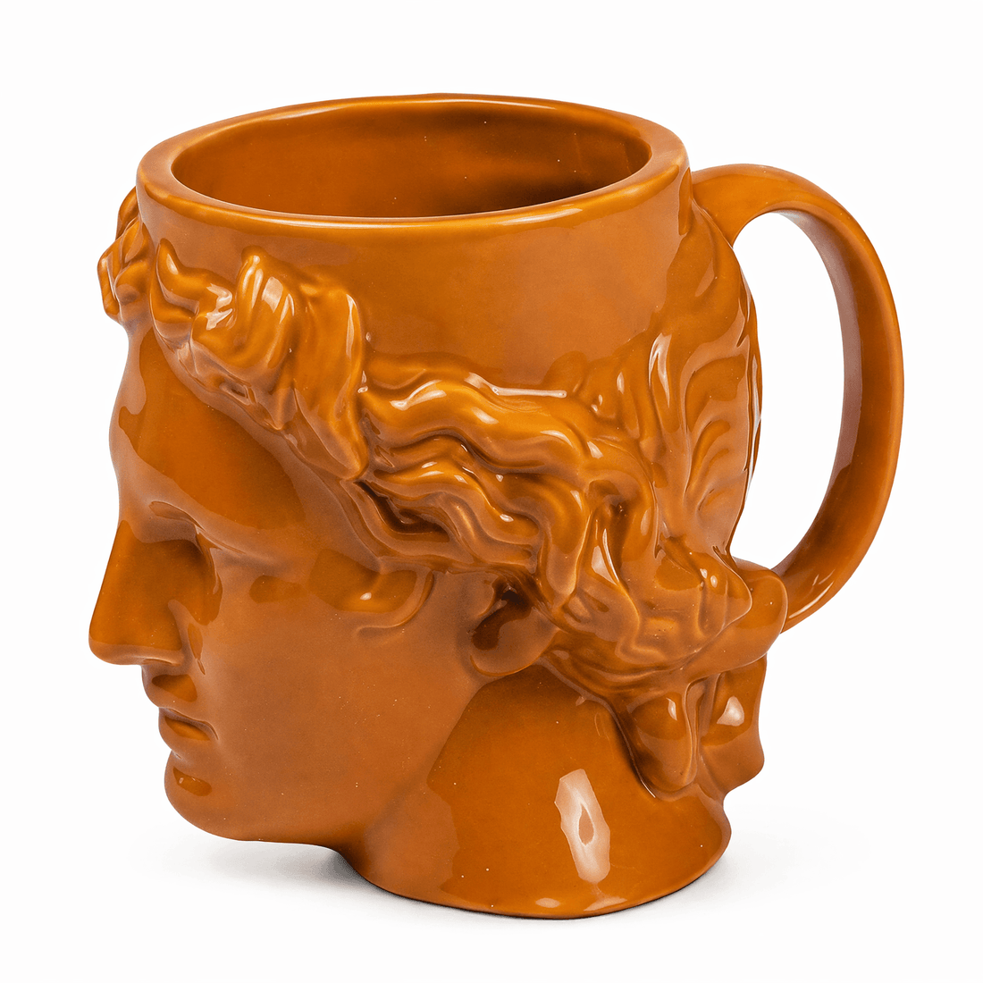 Hestia Terracotta Mug – Warm Rustic Ceramic Cup in a unique sculpted design resembling Apollo's profile.