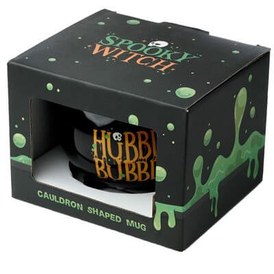 Hubble Bubble Cauldron Mug in spooky themed packaging with green slime design.