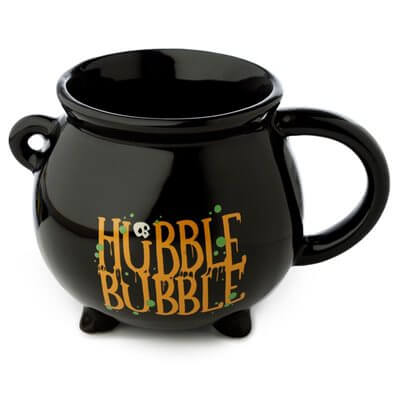 Hubble Bubble Cauldron Mug, black ceramic cup with orange lettering and spooky illustrations.
