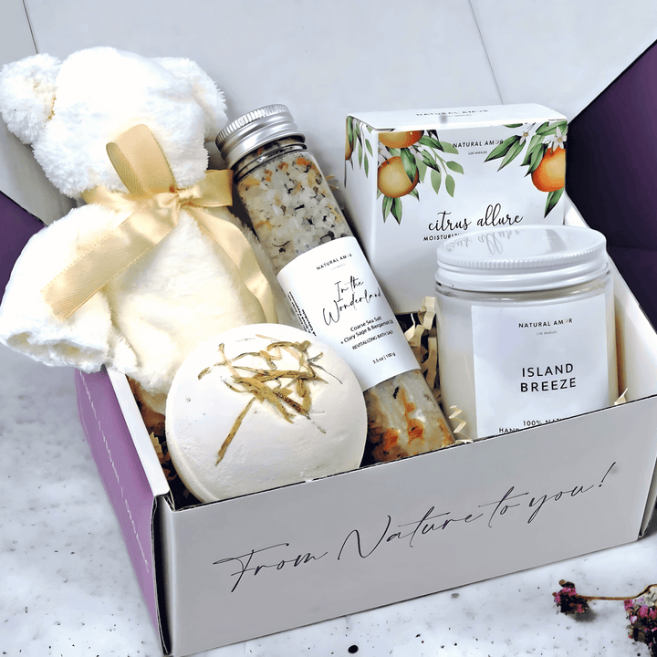 Curated Hygge spa gift box for relaxation, featuring bath essentials, a plush bear, and aromatherapy products.