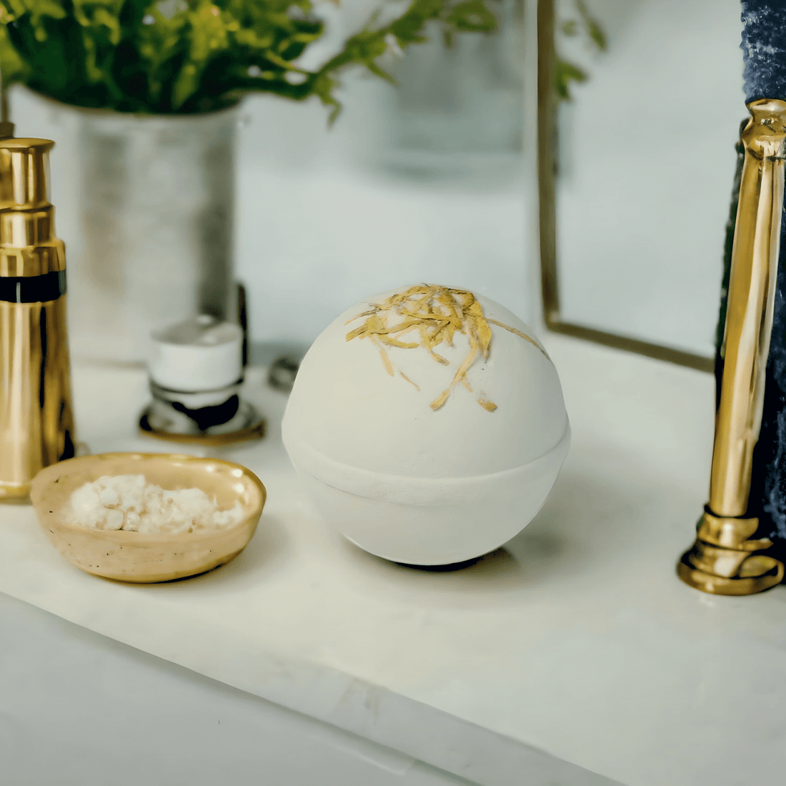 Hygge Spa Gift bath bomb and salt in a luxurious bathroom setting for ultimate relaxation.