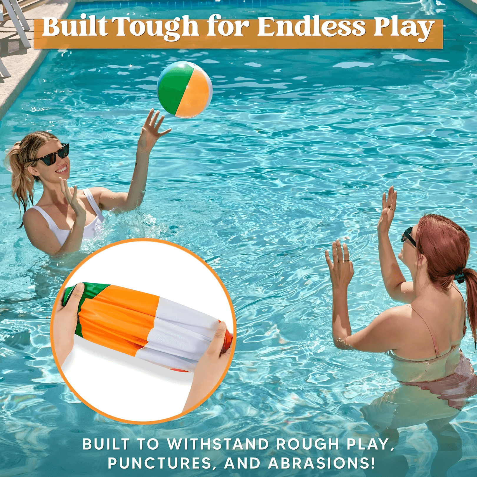 Two women enjoying colorful inflatable beach balls in a pool, showcasing durability and fun for summer play.