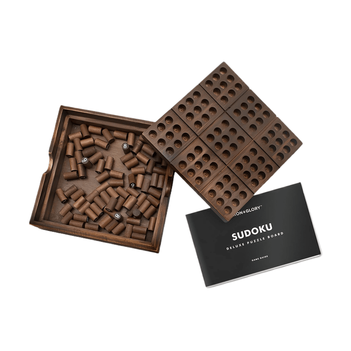 Iron And Glory Wooden Sudoku Puzzle Board with wooden number pieces, storage tray and Sudoku game guide