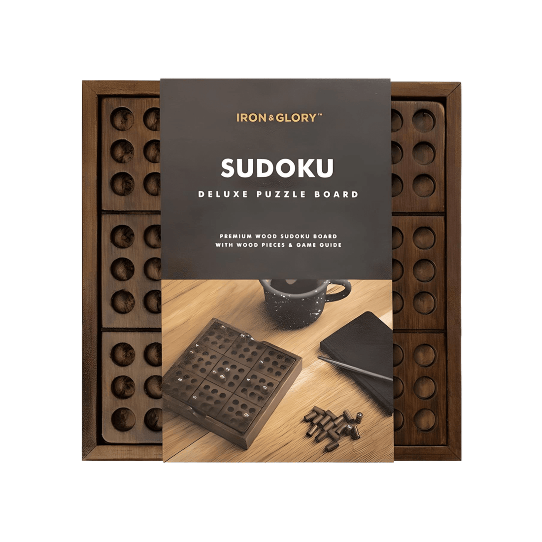 Iron And Glory Wooden Sudoku Puzzle Board with wooden number pieces and game guide packaging