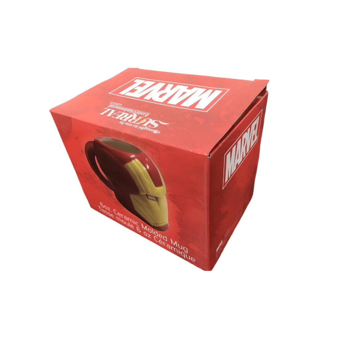 Iron Man Mini Mug packaging, 6 oz ceramic cup, Marvel collectible, Tony Stark's armor design.