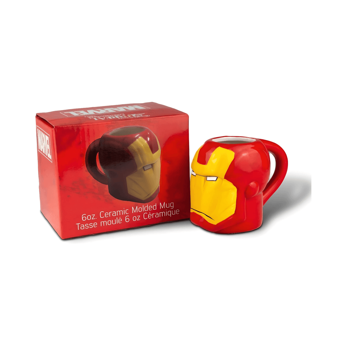 Iron Man Mini Mug 6 oz ceramic cup in bold red and gold design, packaged in a Marvel box.