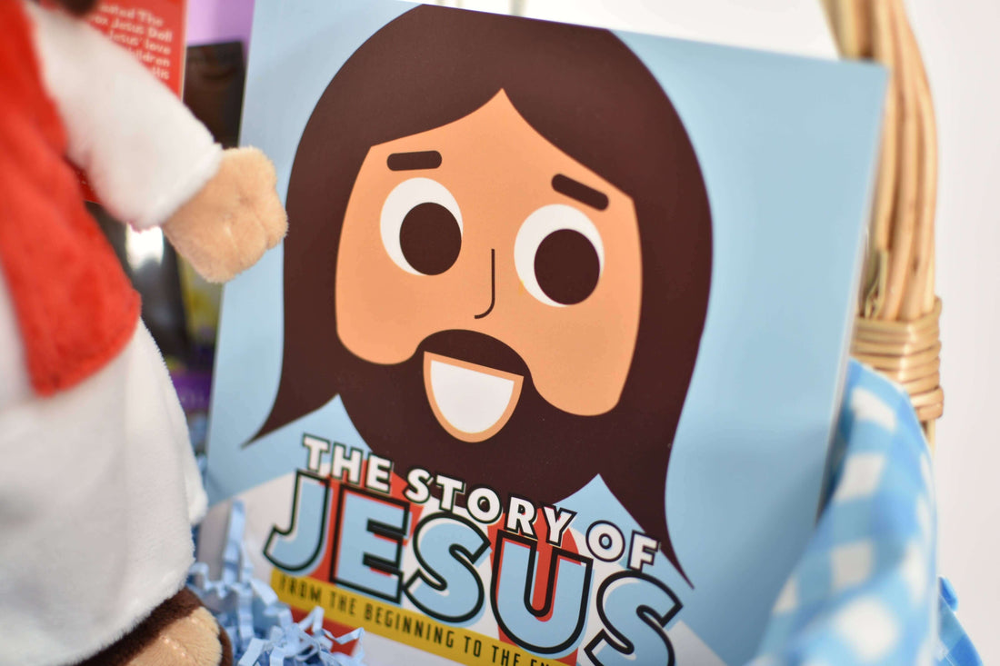 Illustration of the Story of Jesus book cover with a cute cartoon Jesus and vibrant colors.