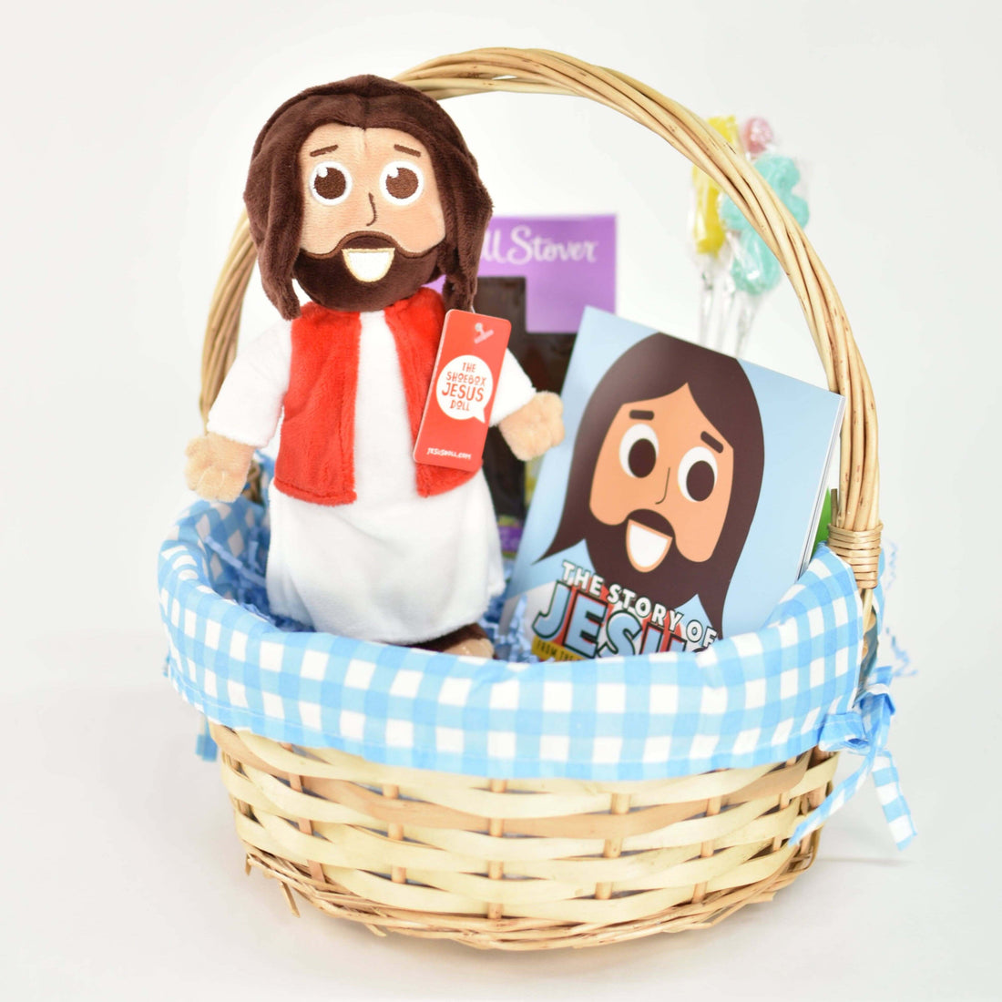 Plush Jesus doll and Bible storybook bundle in a woven basket, perfect for kids' faith-based gifts.