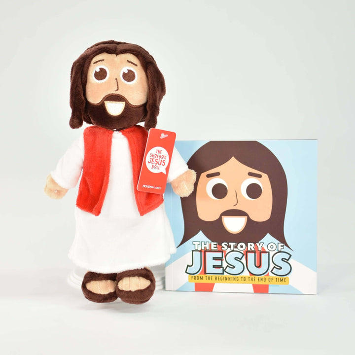 Jesus doll plush toy with Bible storybook for kids, perfect for cuddling and learning about faith.