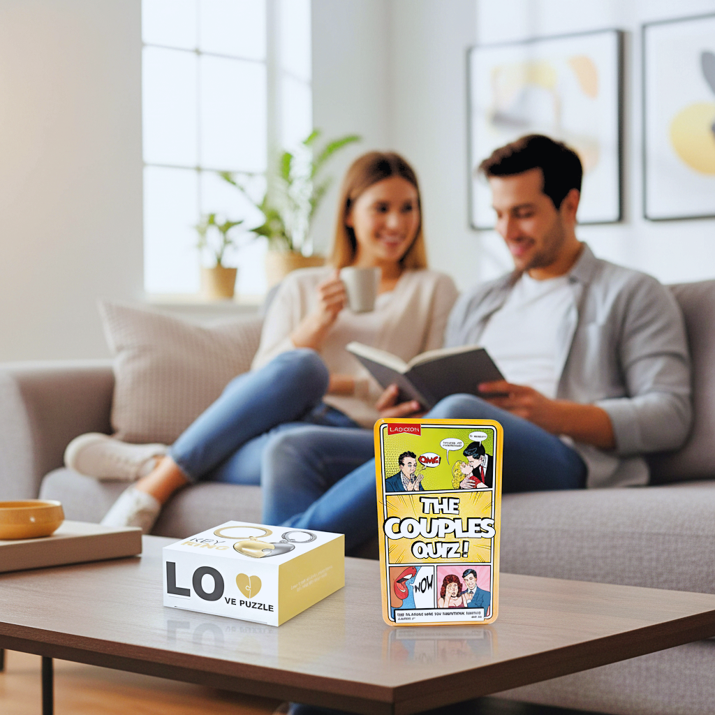 Couple sitting on a couch in a living room with a 'The Couples Quiz' game box on a coffee table.