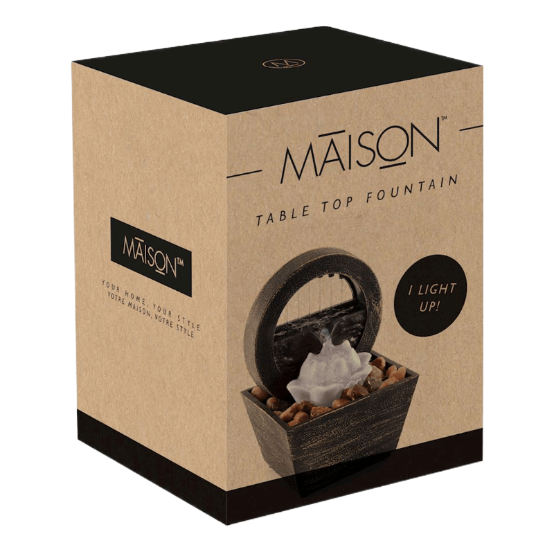 MAISON tabletop fountain packaging featuring a unique design and LED light for tranquil ambiance.