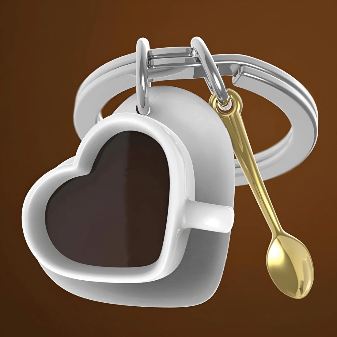 Love Coffee Cup Keychain with Gold Spoon Charm featuring a heart-shaped coffee cup and gold spoon.