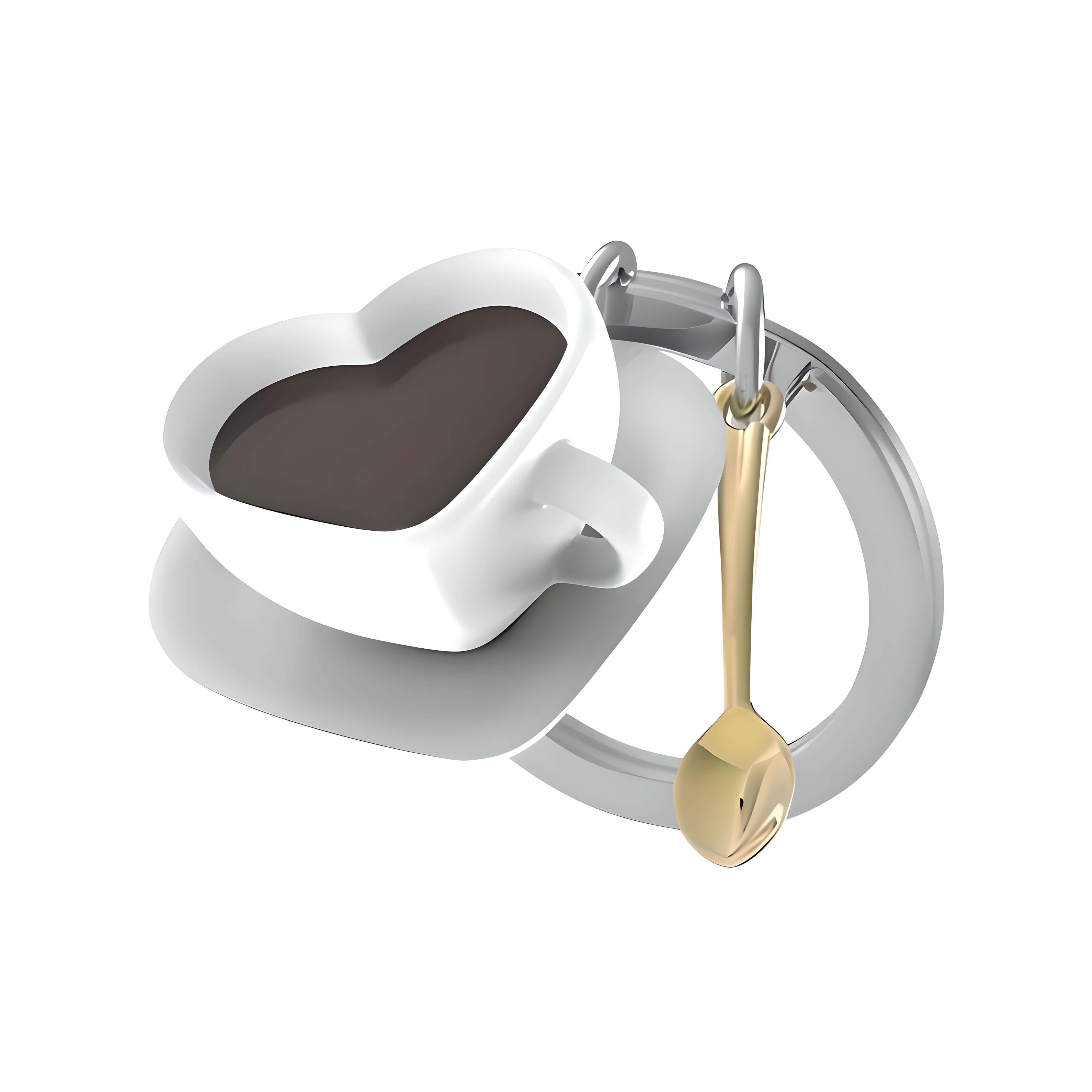Love Coffee Cup Keychain with Gold Spoon Charm featuring a heart-shaped cup and a gold-tone spoon charm.