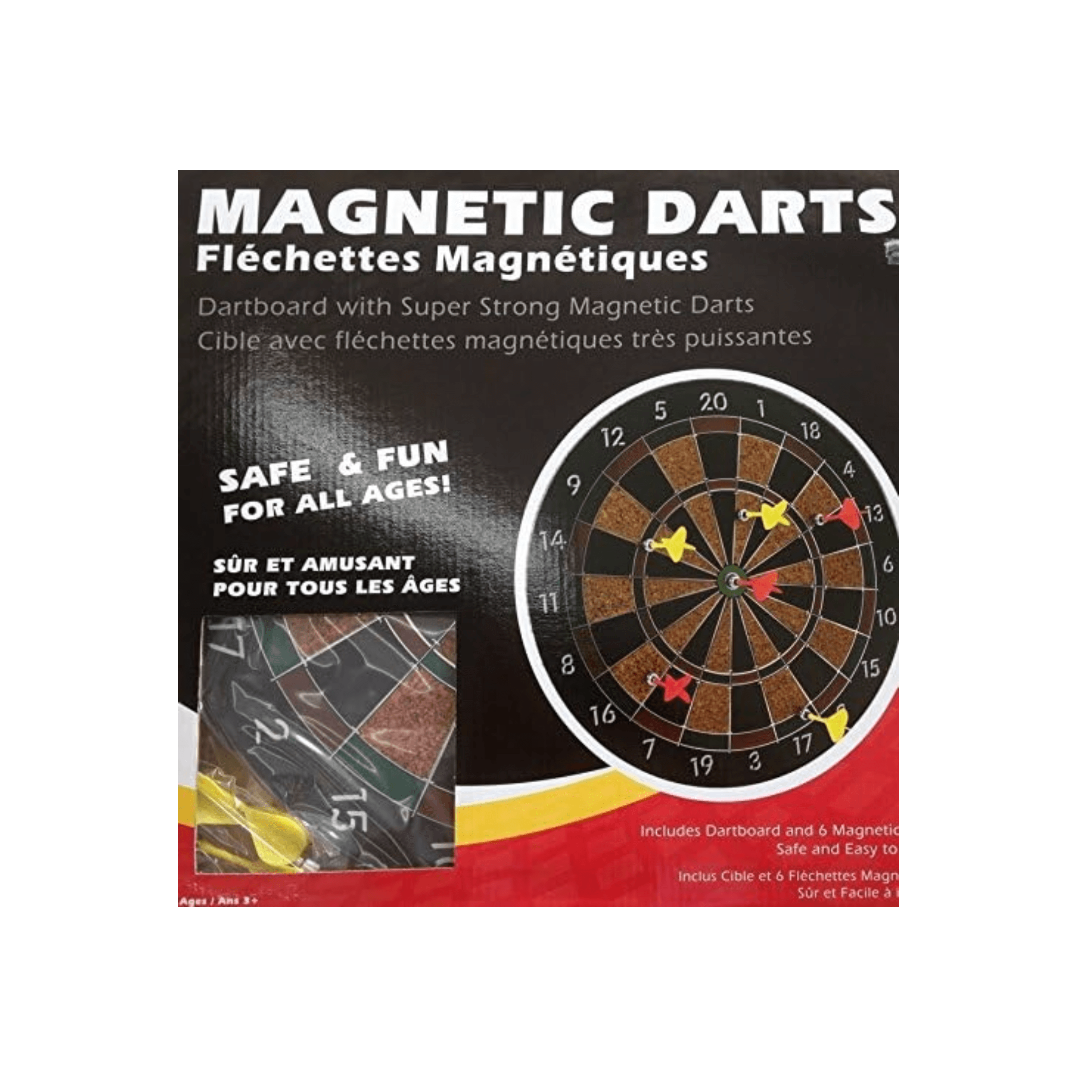 Magnetic Dartboard packaging featuring safe magnetic darts, suitable for kids and adults, colorful and fun game for all ages.